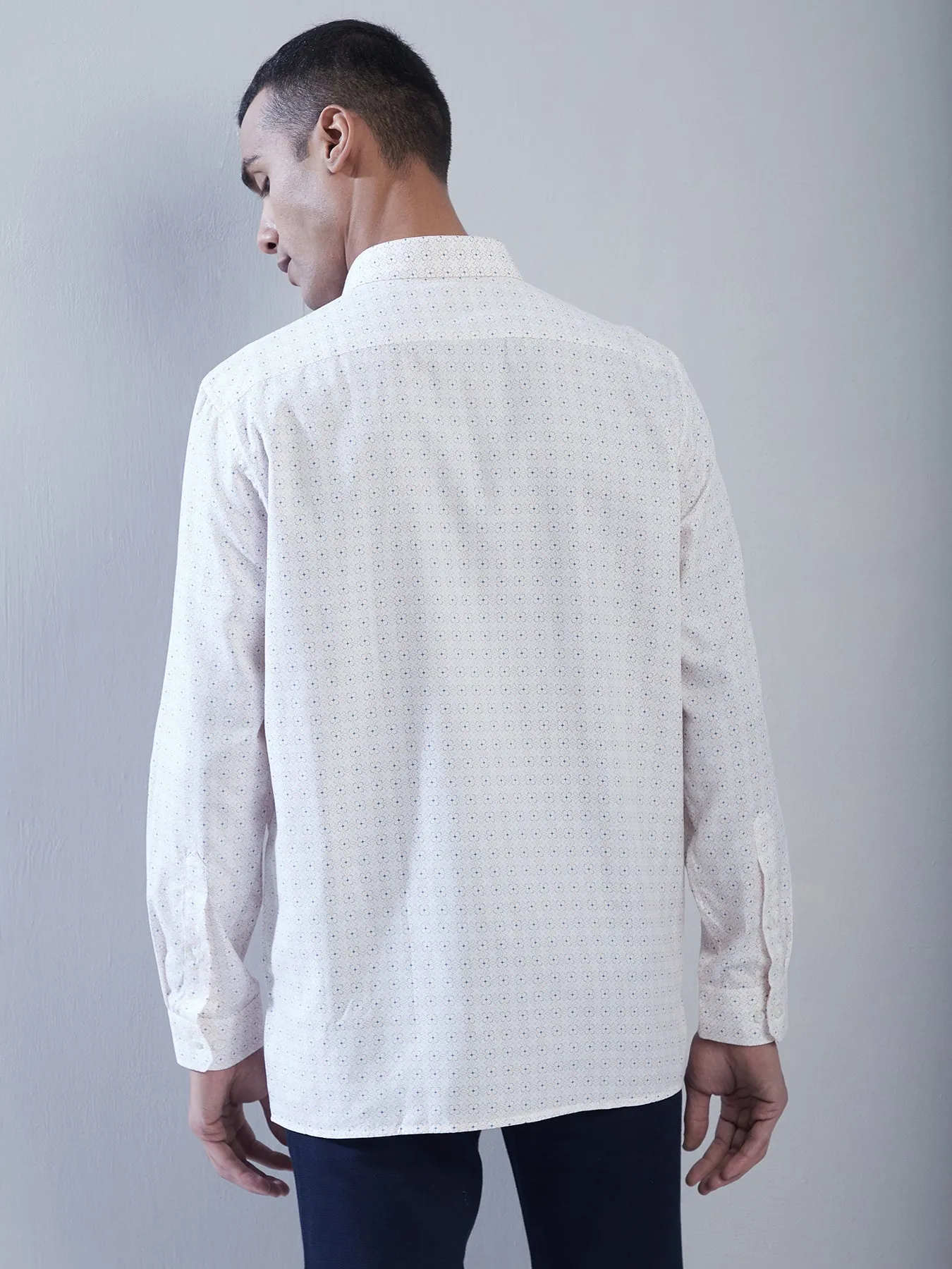 Cotton Tencel Beige Printed Slim Fit Full Sleeve Formal Shirt