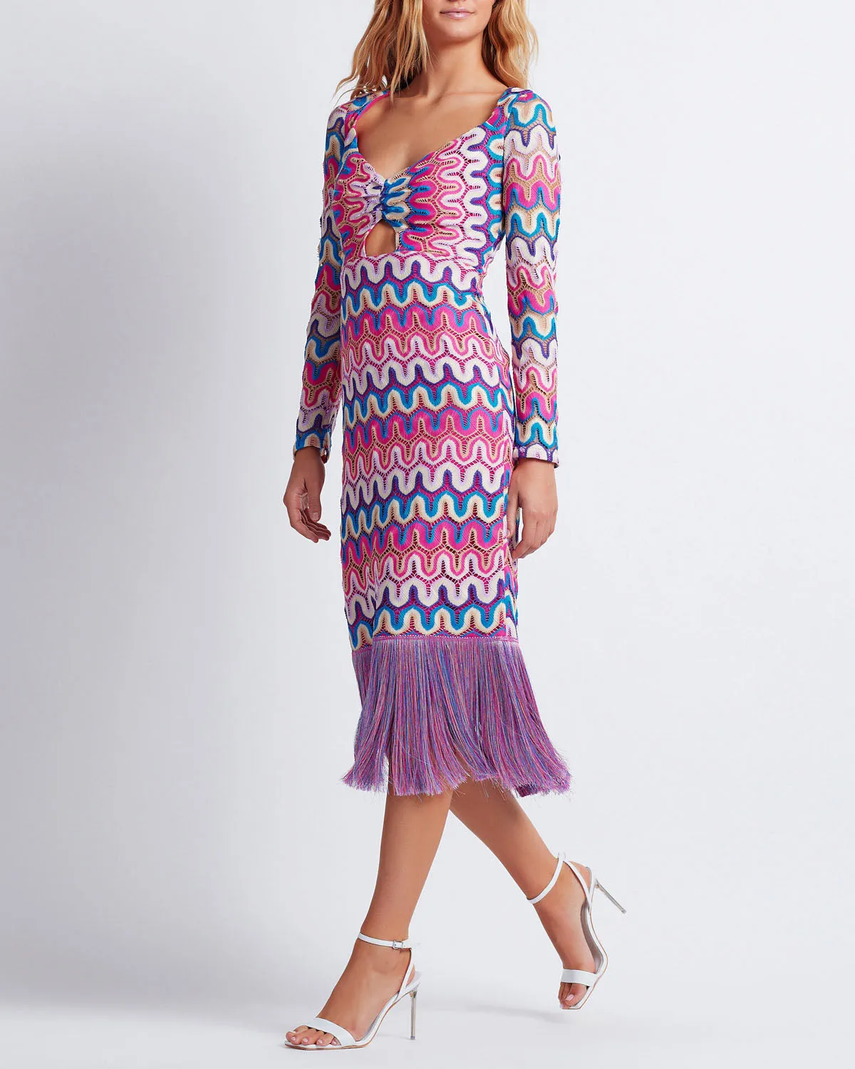 CROCHET CUT-OUT FRINGE TRIM MIDI DRESS