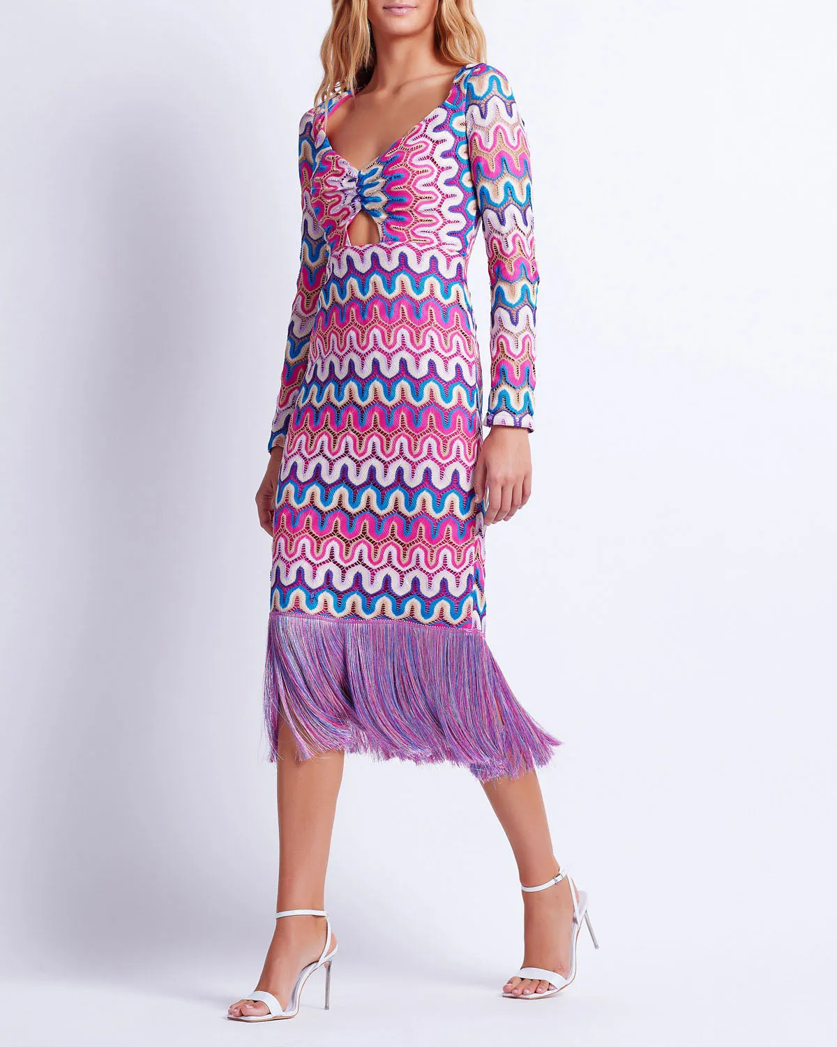 CROCHET CUT-OUT FRINGE TRIM MIDI DRESS