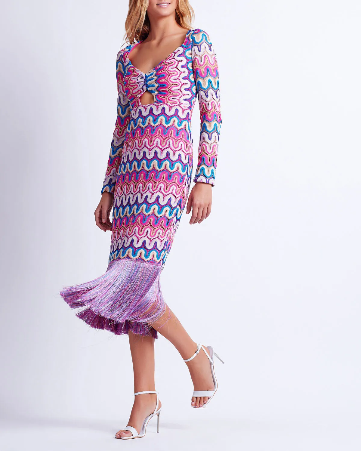 CROCHET CUT-OUT FRINGE TRIM MIDI DRESS