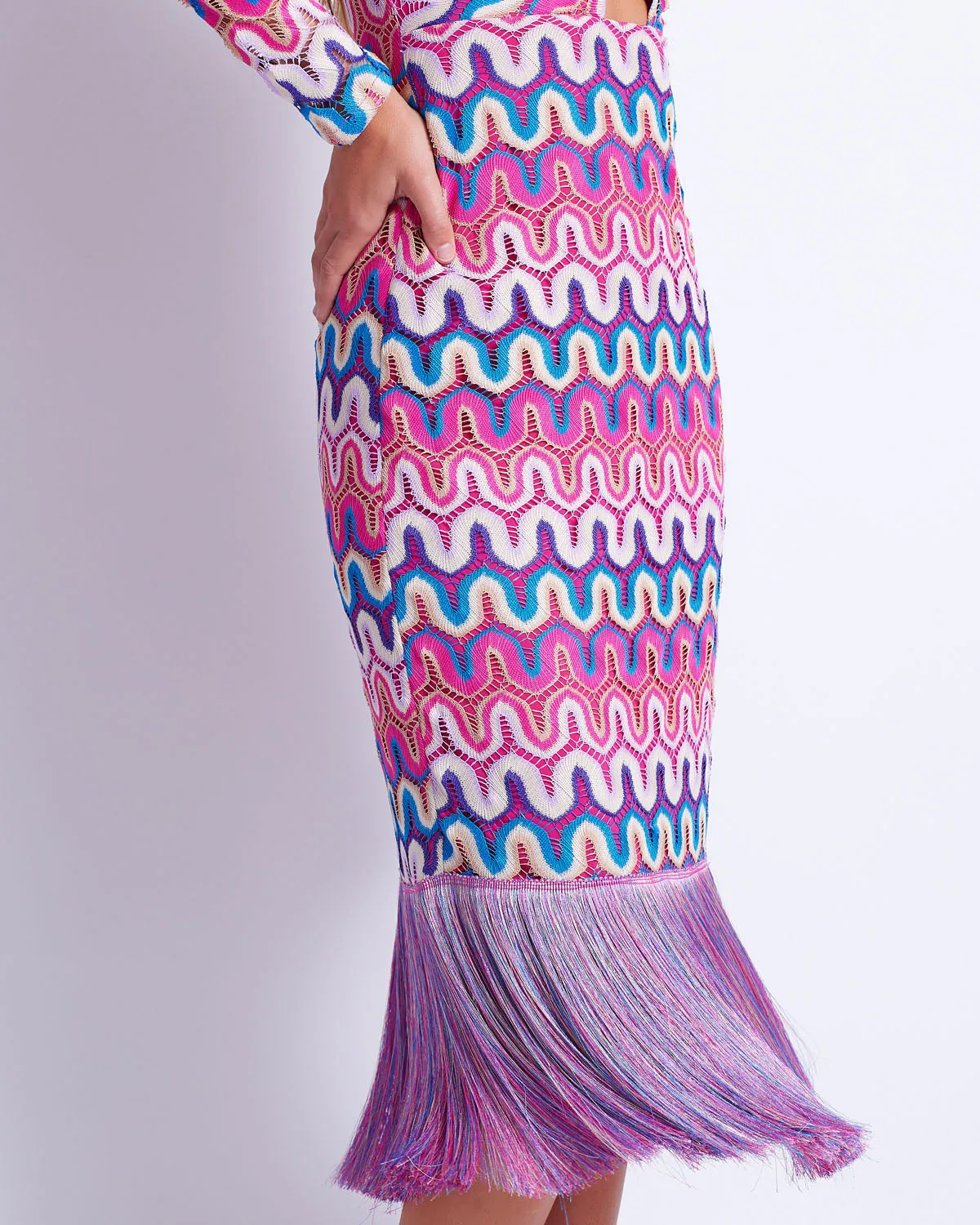 CROCHET CUT-OUT FRINGE TRIM MIDI DRESS