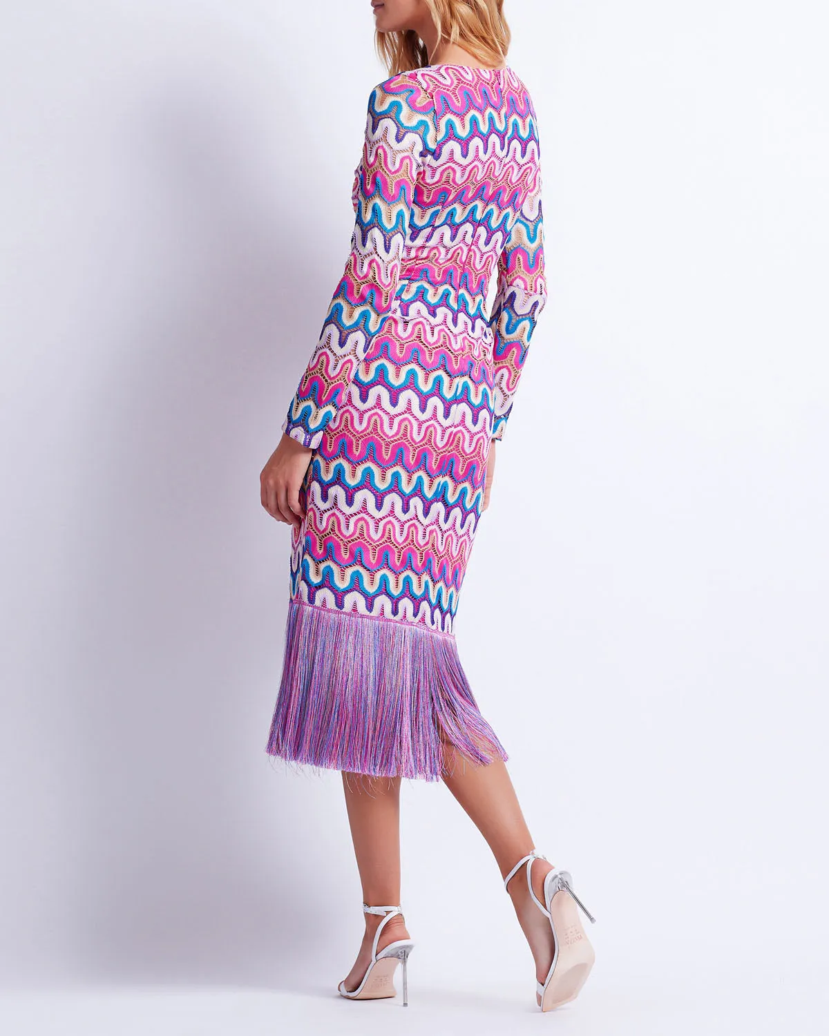 CROCHET CUT-OUT FRINGE TRIM MIDI DRESS