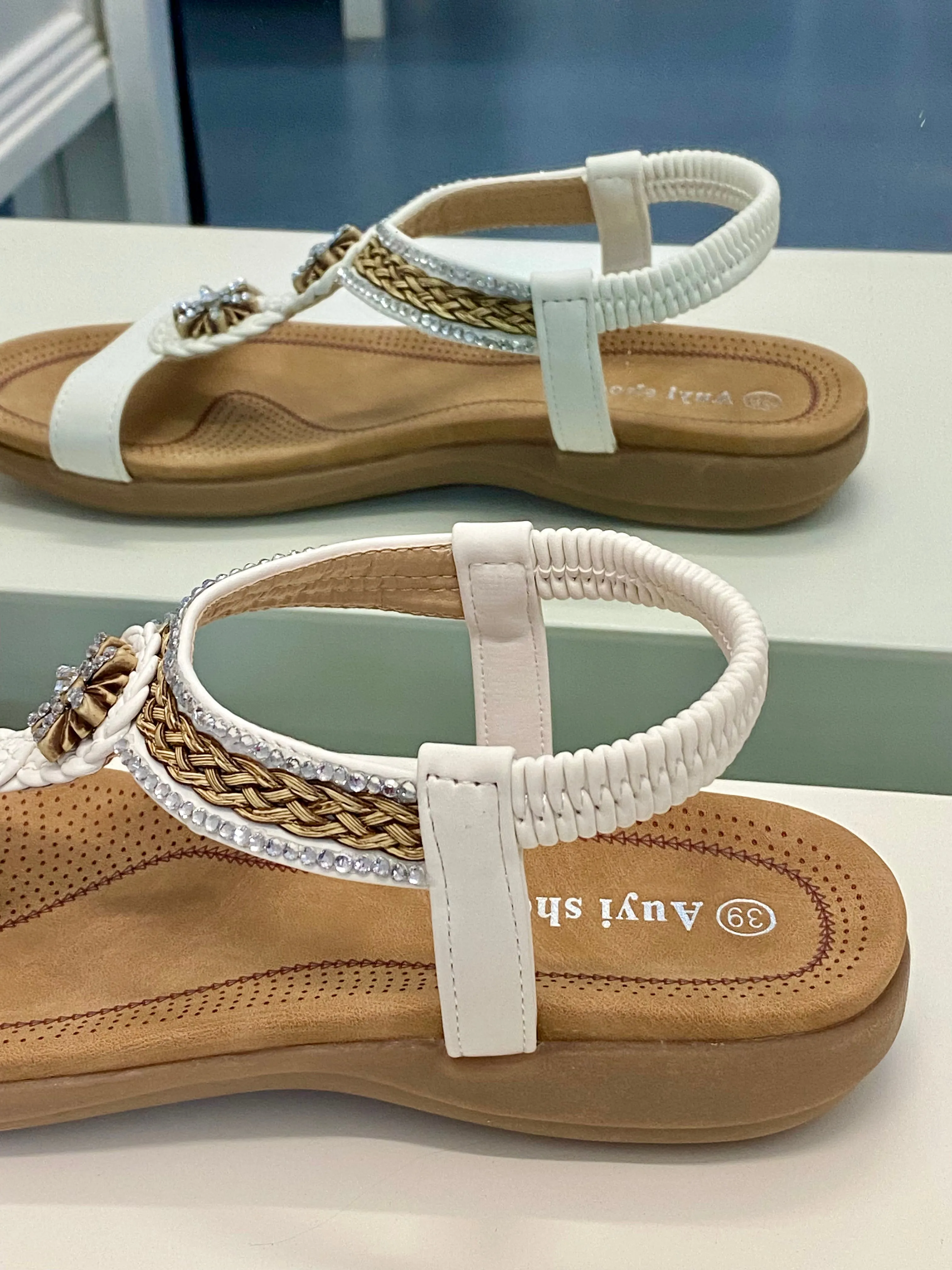 Flat Beaded Sandals - White