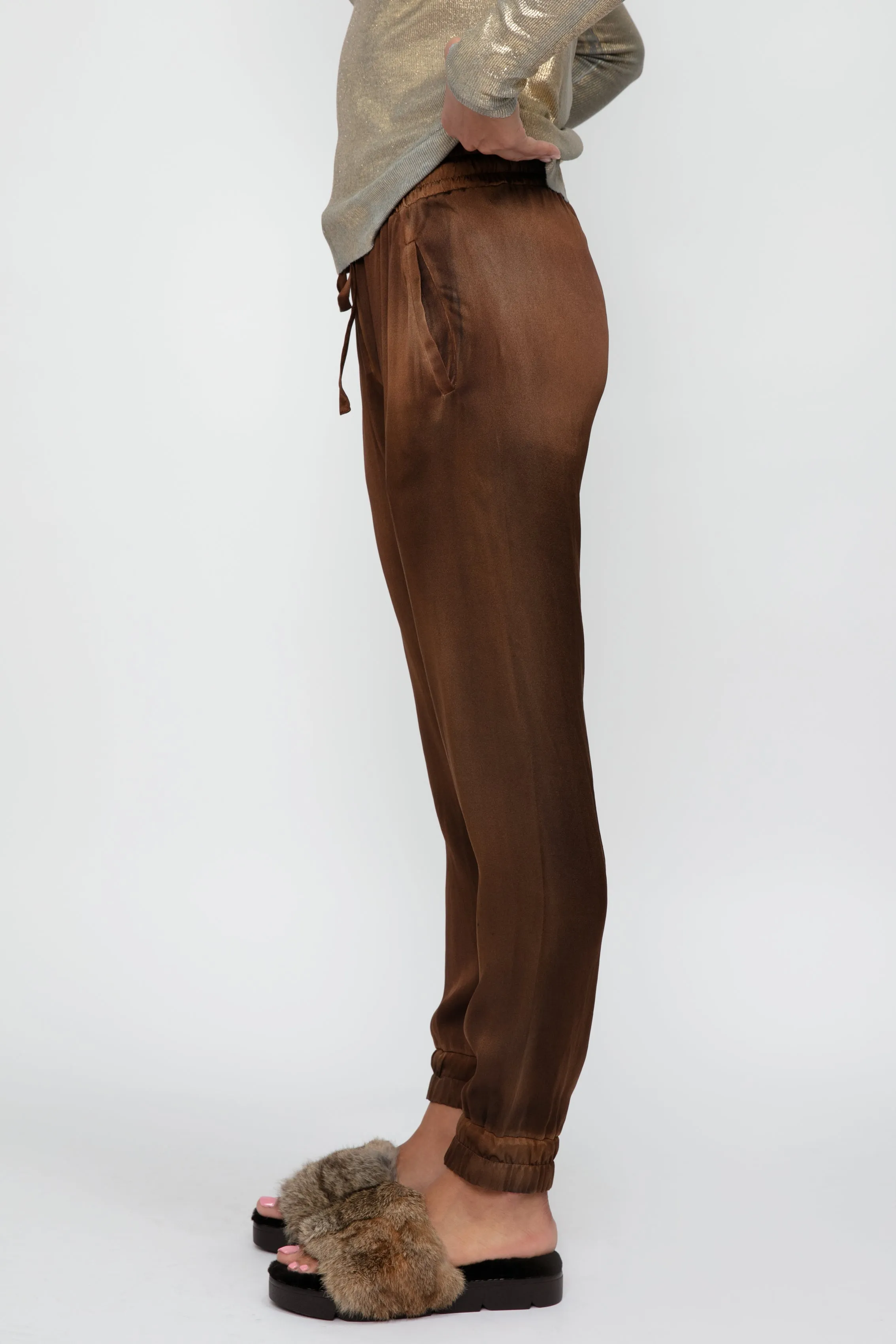 Hand Painted Silk Jogging Pant in Cioccolato