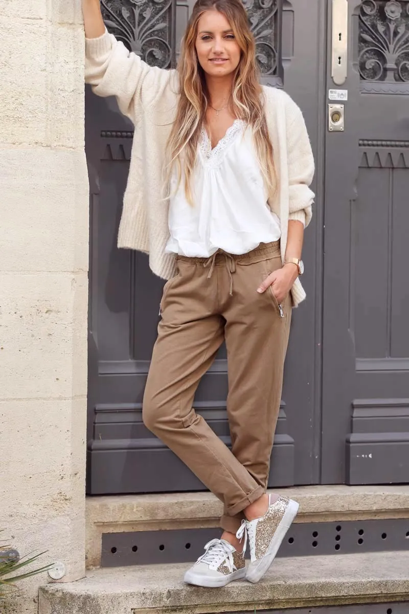 Jogging café ceinture élastique poches zip