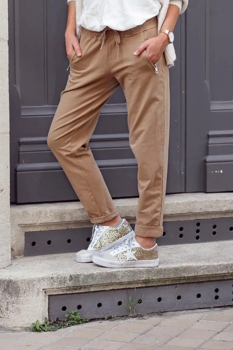 Jogging café ceinture élastique poches zip