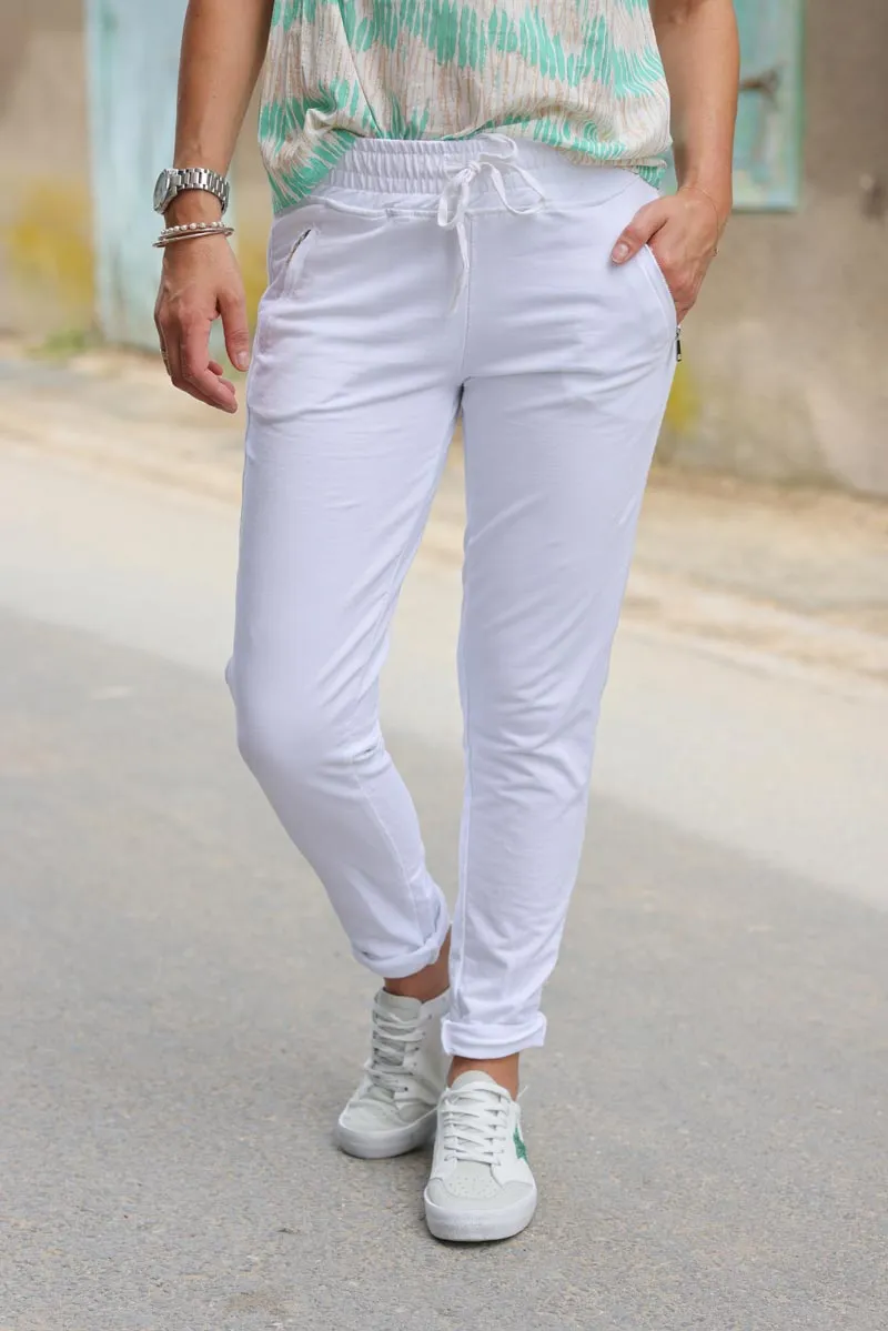 Jogging confort blanc ceinture élastique liseré brillant sur les cotes