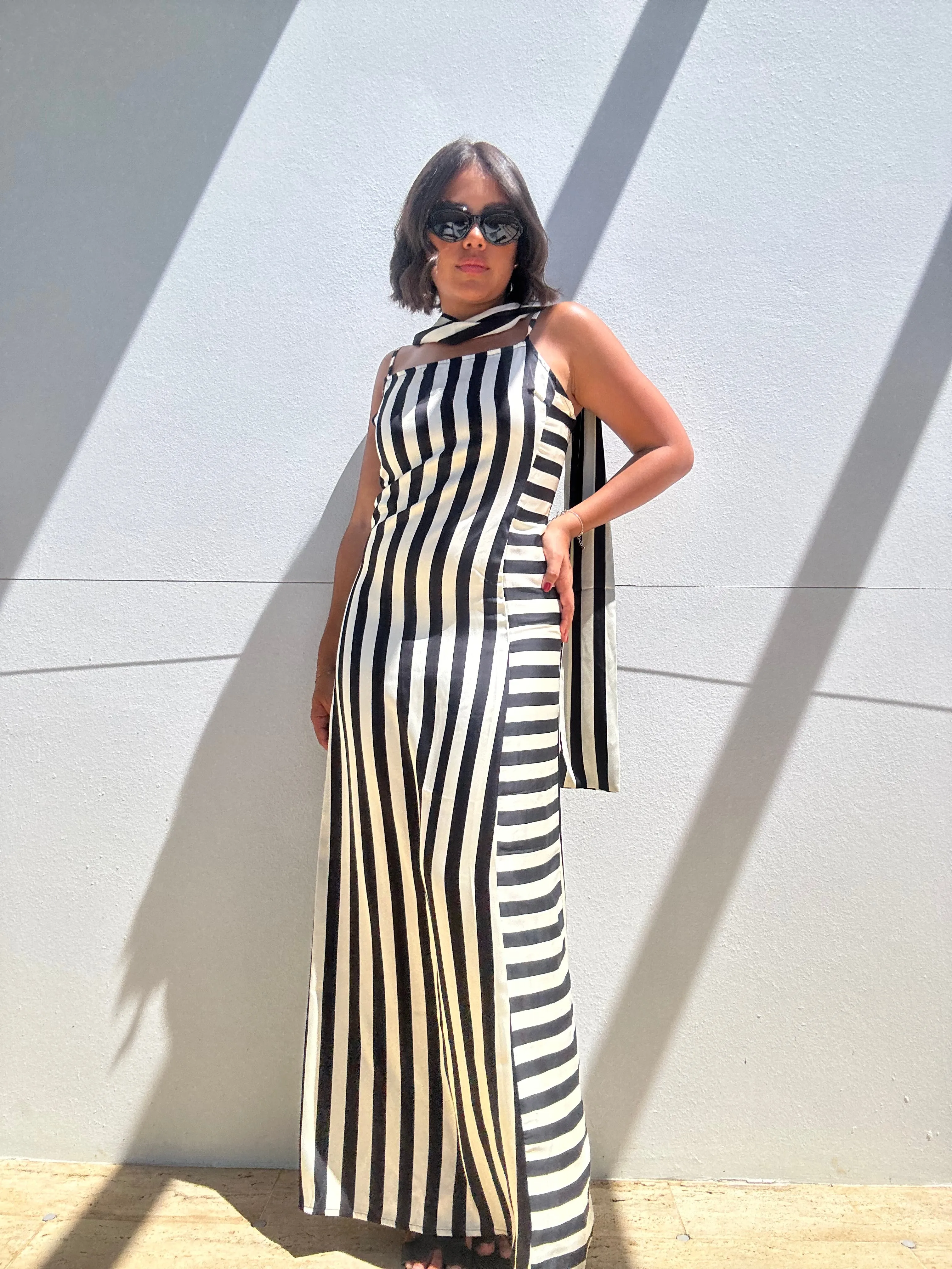 Lightweight Sripe Dress with Scarf