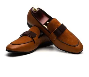 Men's Banquet Loafers Genuine Patent Leather And Suede Leather Patchwork With Bow Tie
