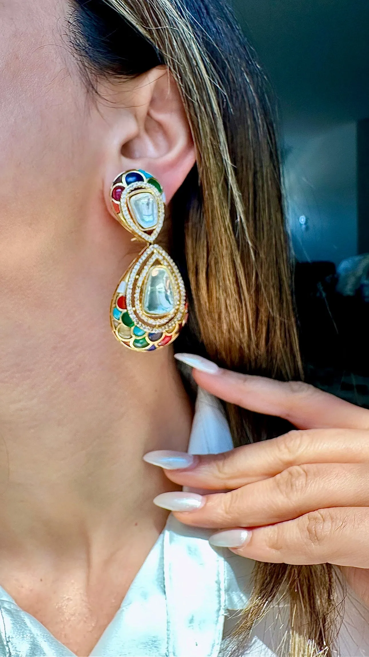 Samsara Multicolor Yellow Gold Statement Earrings Jaipur Rose Designer Indian Jewelry (Copy)