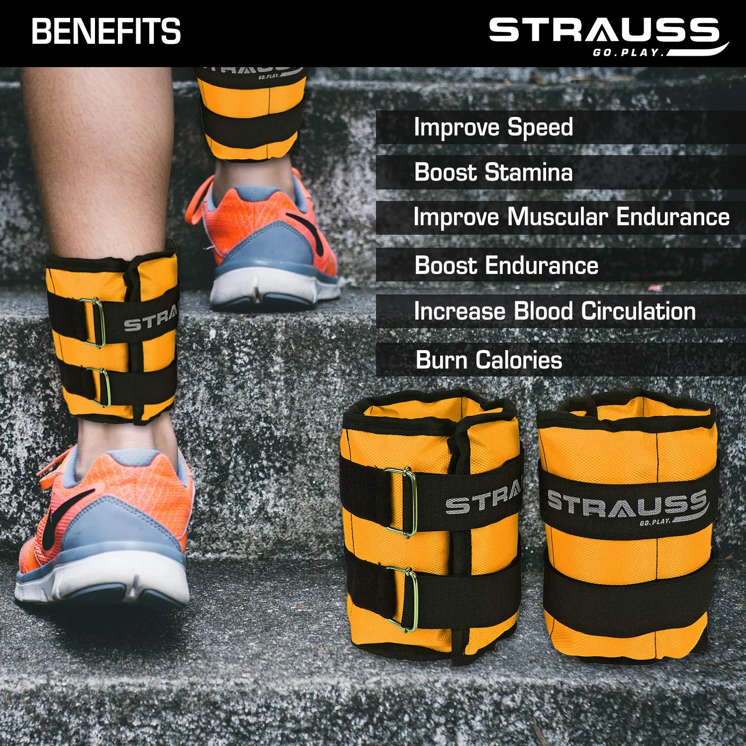 Strauss Adjustable Ankle/Wrist Weights 2 KG X 2 | Ideal for Walking, Running, Jogging, Cycling, Gym, Workout & Strength Training | Easy to Use on Ankle, Wrist, Leg, (Yellow)