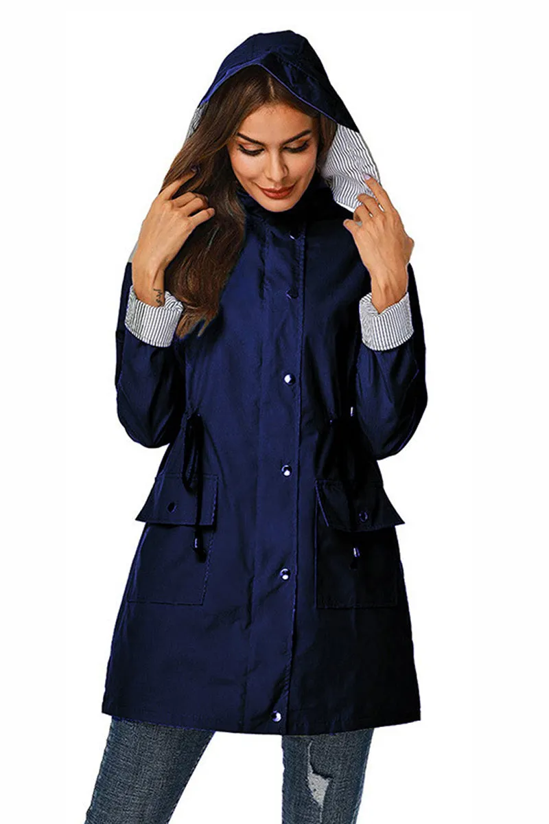 Water Resistant Hooded Striped Windbreaker Rain Jacket